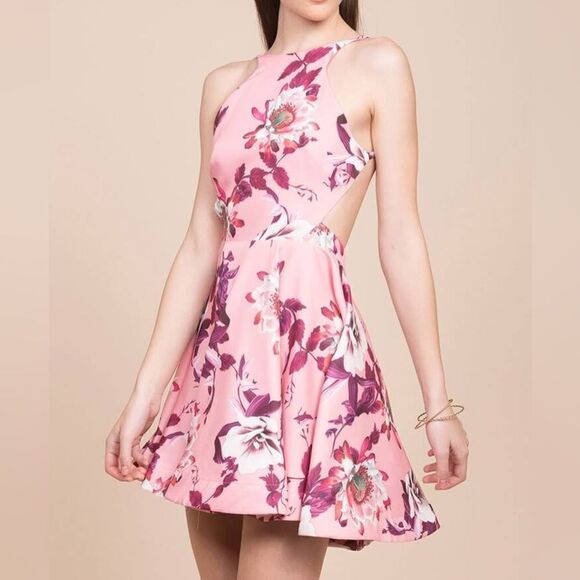 OPEN BACK FIT & FLARE FLORAL PRINT DRESS PINK - Picture 2 of 16